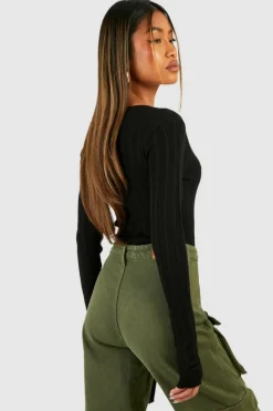 Knitted Tops*boohoo Mixed Rib V Neck Knitted Bodysuit black