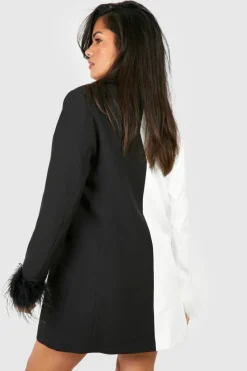 Blazer Dresses|Mini Dresses*boohoo Mono Double Breasted Feather Trim Blazer Dress black