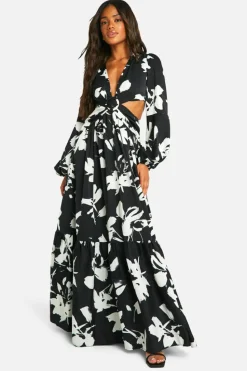 Skater Dresses|Maxi Dresses*boohoo Mono Floral Cut Out Maxi Dress black