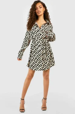 Shirt Dresses*boohoo Mono Printed Tie Waist Shirt Dress black