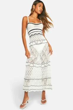 Maxi Dresses|Jumper Dresses*boohoo Monochrome Pointelle Knitted Maxi Dress white