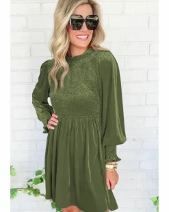 Smock Dresses*Azura Exchange Moss Green Frilled Neck Smocked Bodice Velvet Dress Multi