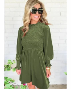 Smock Dresses*Azura Exchange Moss Green Frilled Neck Smocked Bodice Velvet Dress Multi