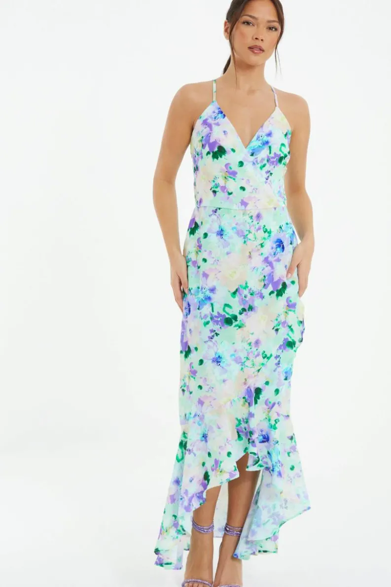 Wrap Dresses*Quiz Floral Wrap Dip Hem Maxi Dress Multi