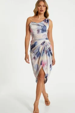 Midi Dresses*Quiz Satin Marble Print Ruched Midi Dress Multi