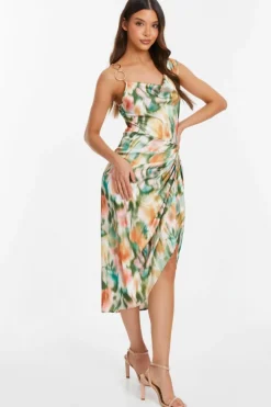 Midi Dresses*Quiz Satin Marble Print Ruched Midi Dress Multi