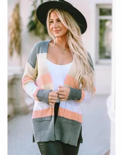 Cardigans*Azura Exchange color Color Block Striped Pocketed Open Cardigan Multi