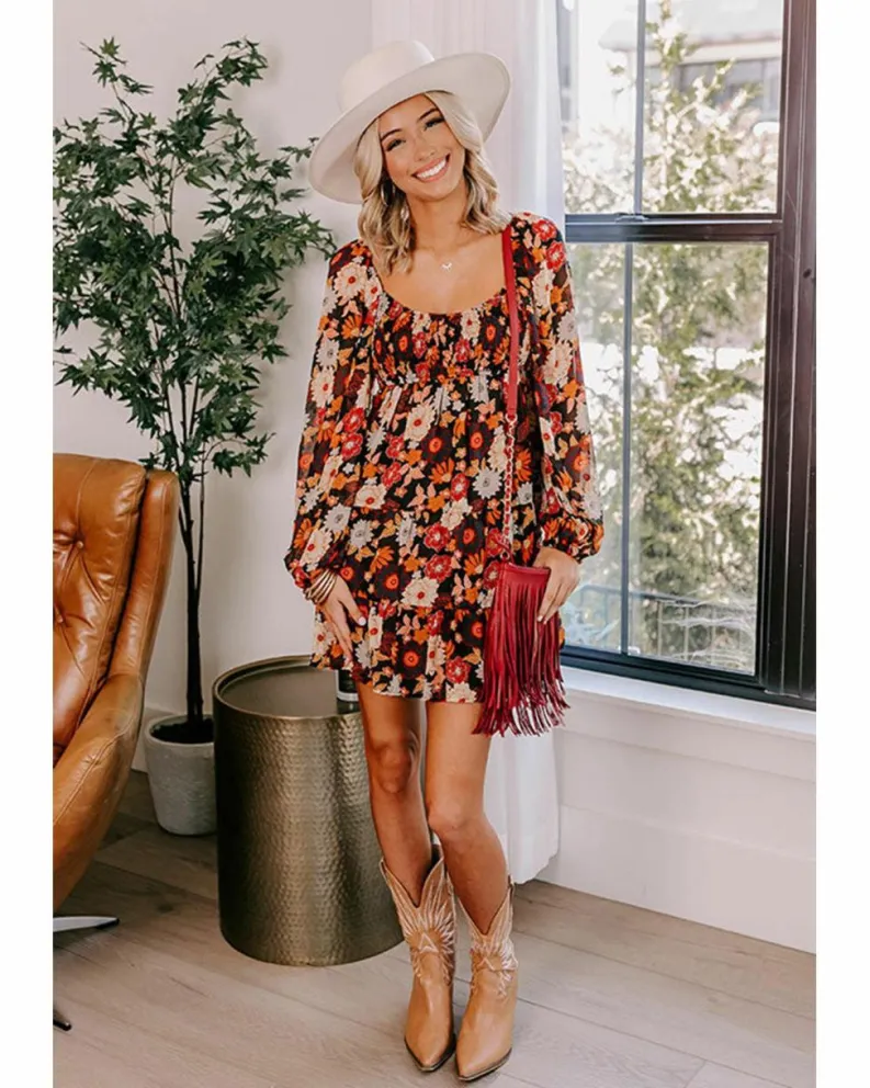Smock Dresses*Azura Exchange colour Smocked High Waist Long Sleeve Floral Dress Multi