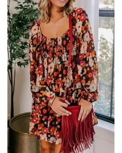 Smock Dresses*Azura Exchange colour Smocked High Waist Long Sleeve Floral Dress Multi