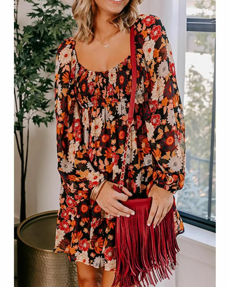 Smock Dresses*Azura Exchange colour Smocked High Waist Long Sleeve Floral Dress Multi