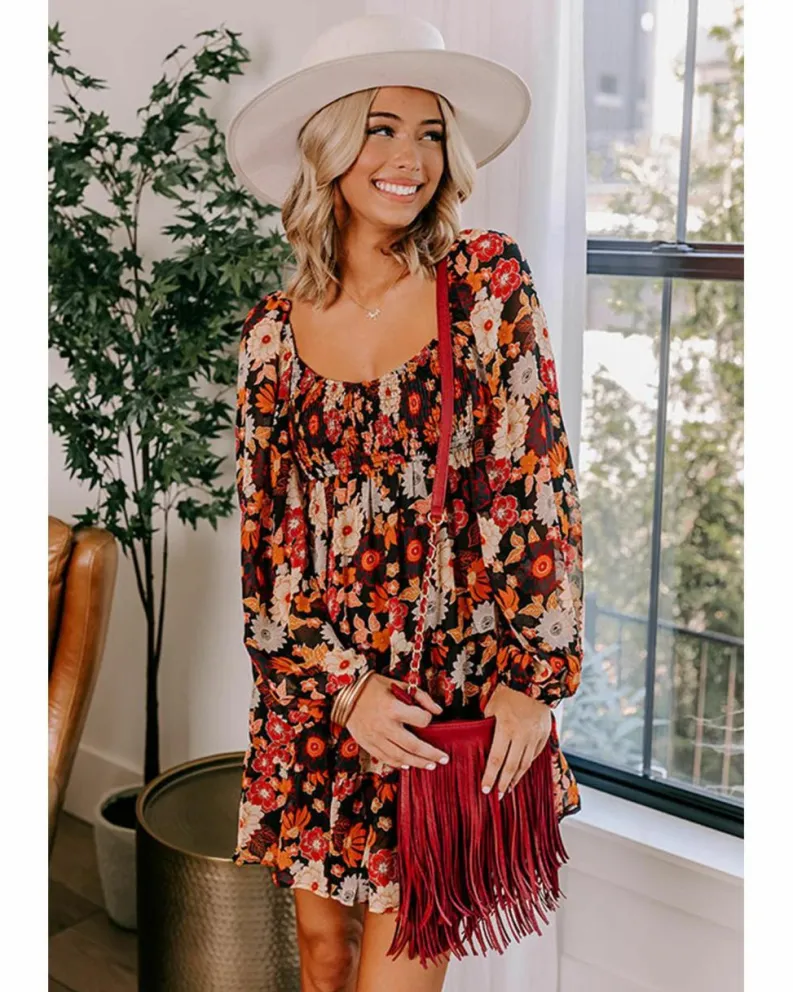 Smock Dresses*Azura Exchange colour Smocked High Waist Long Sleeve Floral Dress Multi