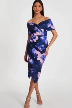 Midi Dresses*Quiz Floral Bardot Midi Dress Navy