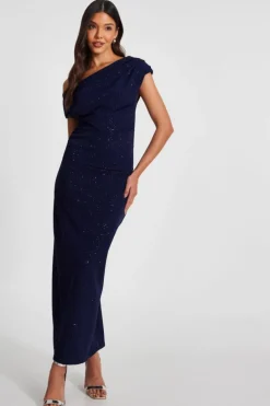 Midi Dresses*Quiz Glitter Asymmetric Midi Dress Navy