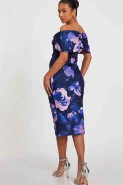 Midi Dresses*Quiz Petite Floral Bardot Midi Dress Navy