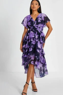 Midi Dresses*Quiz Petite Floral Dip Hem Tiered Midi Dress Navy