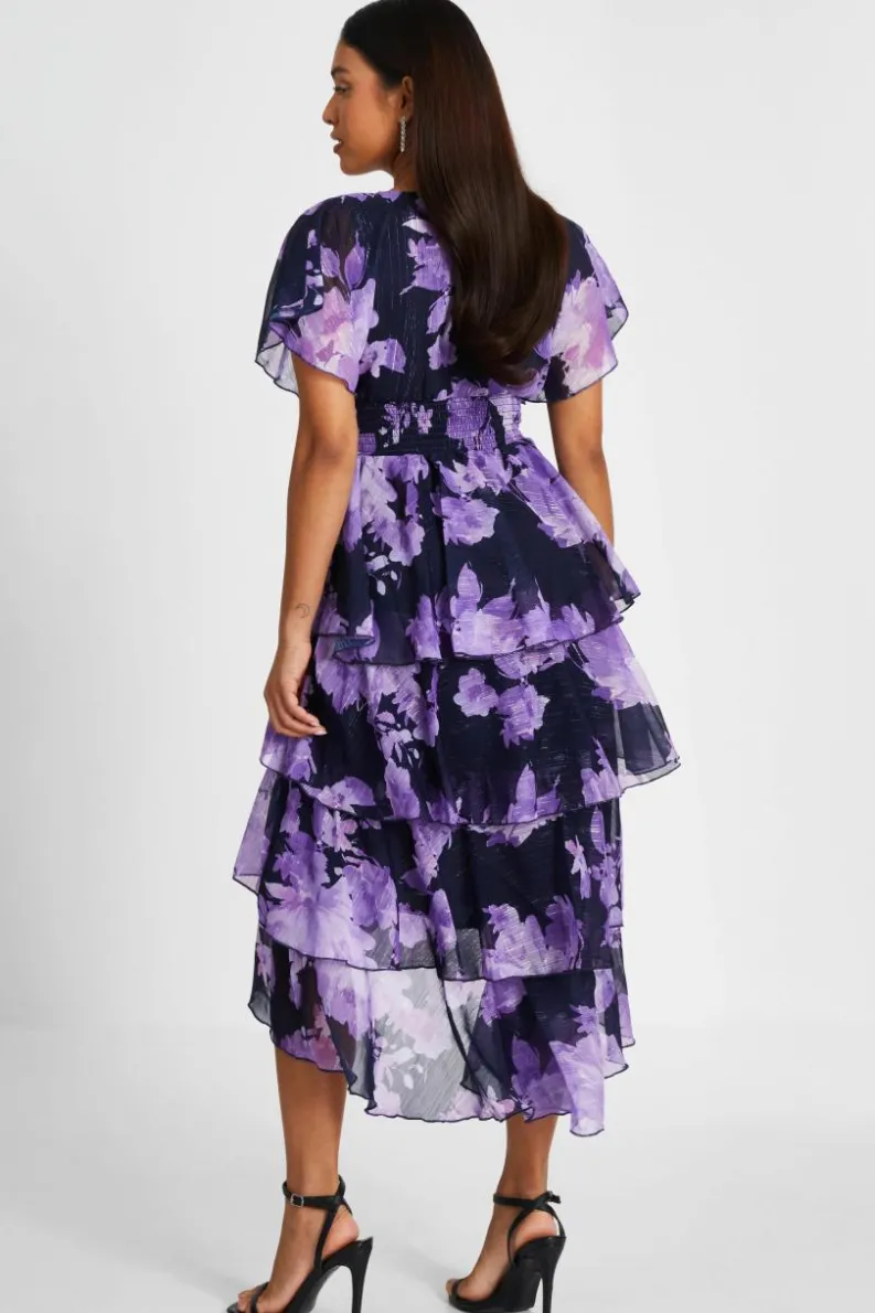 Midi Dresses*Quiz Petite Floral Dip Hem Tiered Midi Dress Navy