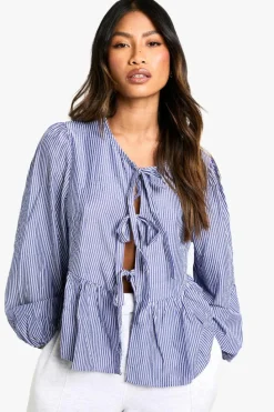 Long Sleeve Tops*boohoo Pinstripe Tie Front Puff Long Sleeve Smock Top navy