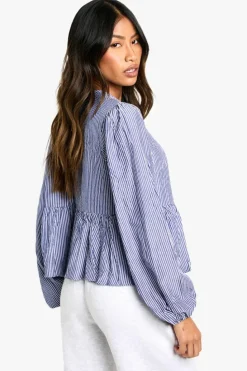 Long Sleeve Tops*boohoo Pinstripe Tie Front Puff Long Sleeve Smock Top navy