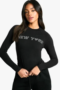 Long Sleeve Tops*boohoo NEW YORK DIAMANTE LONG SLEEVE TEE black