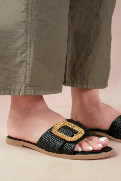 Sandals*Where's That From Noon' Slip On Flats With Raffia Detailing Black