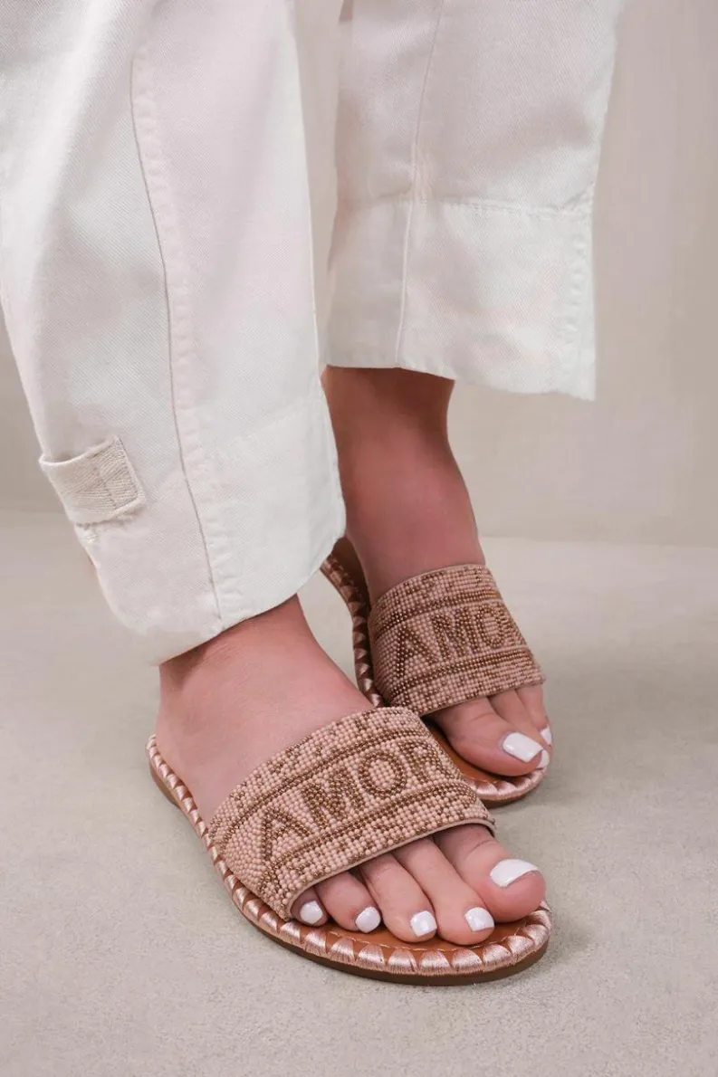 Sandals*Where's That From Note' Strap Flat Sandals With Beaded Text Detail Beige