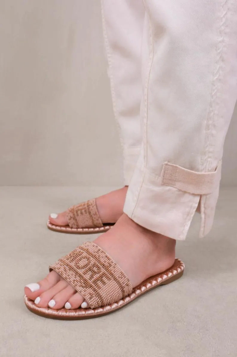 Sandals*Where's That From Note' Strap Flat Sandals With Beaded Text Detail Beige