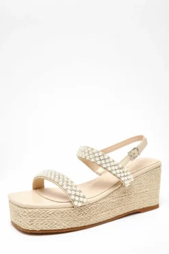 Sandals*Quiz Pearl Strap Woven Wedges Nude