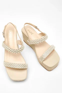 Sandals*Quiz Pearl Strap Woven Wedges Nude