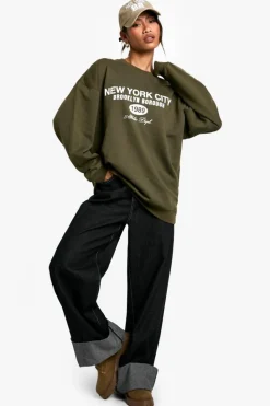 Sweatshirts|Hoodies & Sweatshirts*boohoo NYC Brooklyn Borough Oversized Sweatshirt olive