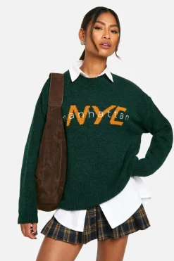 Oversized Jumpers*boohoo Nyc Oversized Knitted Crew Neck Jumper bottle green