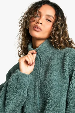 Sweatshirts|Hoodies & Sweatshirts*boohoo Nylon Detail Half Zip Oversized Borg Sweatshirt khaki