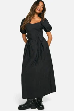 Smock Dresses|Midi Dresses*boohoo Nylon Puff Sleeve Midi Dress black