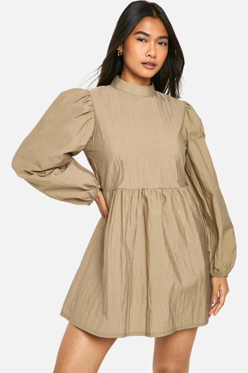 Smock Dresses*boohoo Nylon Puff Sleeve Smock Dress taupe