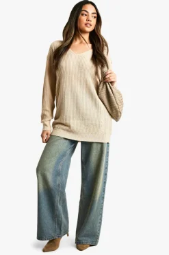 Oversized Jumpers|Jumpers*boohoo V Neck Oversized Jumper oatmeal
