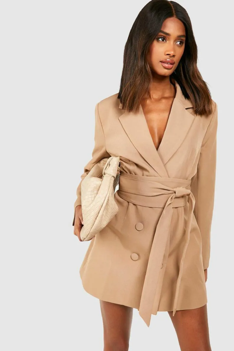 Blazer Dresses|Mini Dresses*boohoo Obi Tie Waist Blazer Dress soft beige