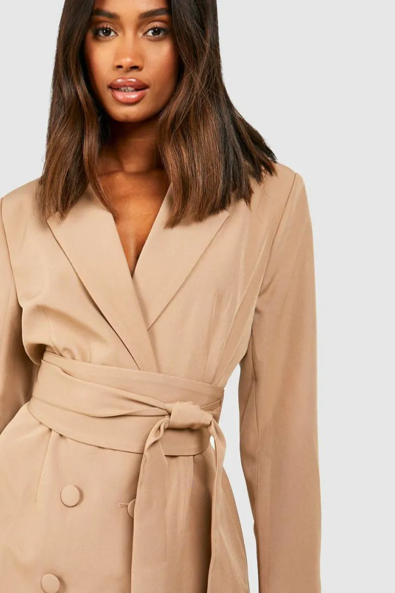 Blazer Dresses|Mini Dresses*boohoo Obi Tie Waist Blazer Dress soft beige