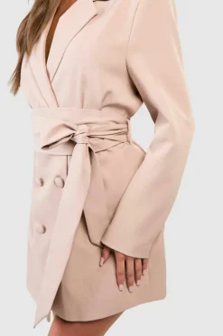 Blazer Dresses|Mini Dresses*boohoo Obi Tie Waist Tailored Blazer Dress camel