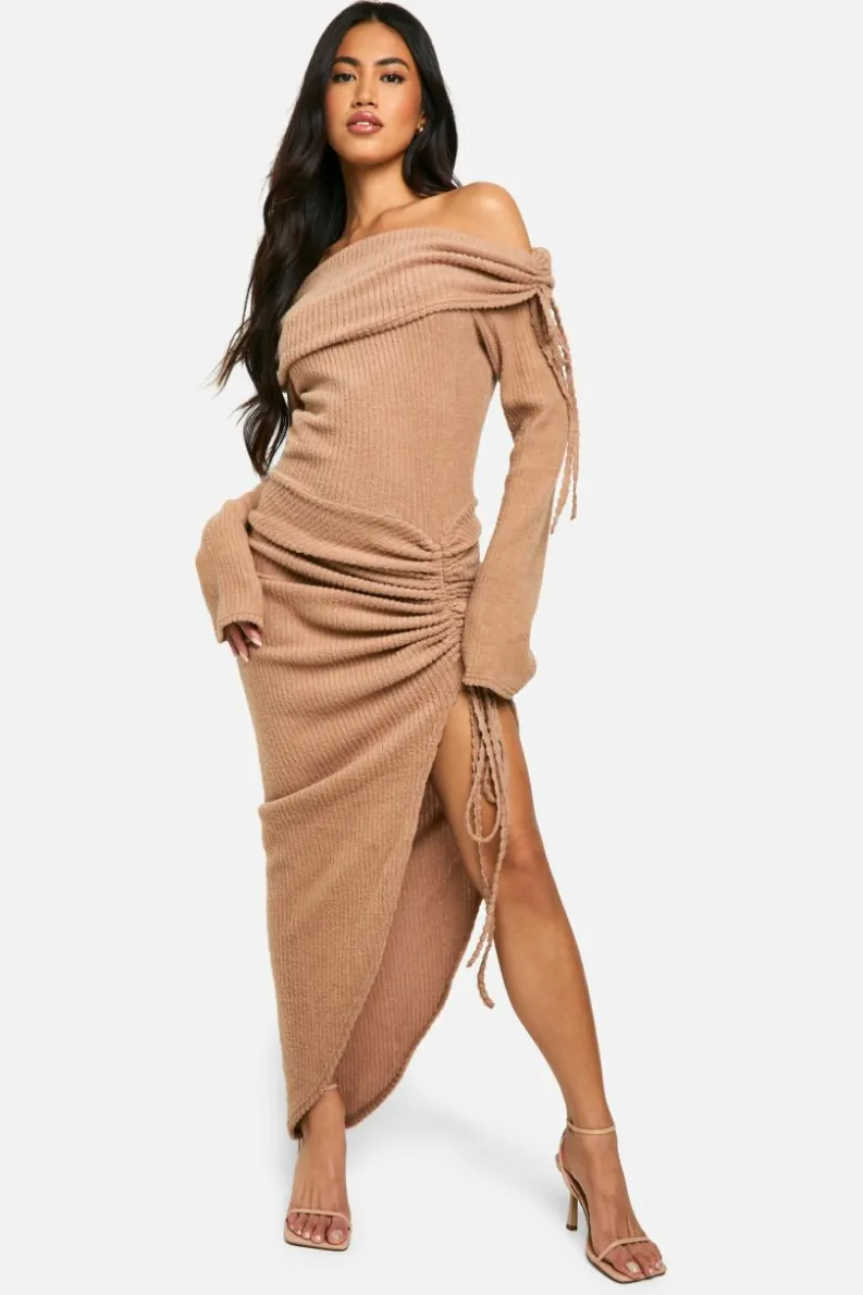 Maxi Dresses*boohoo Off Shoulder Rib Ruched Maxi Dress mocha