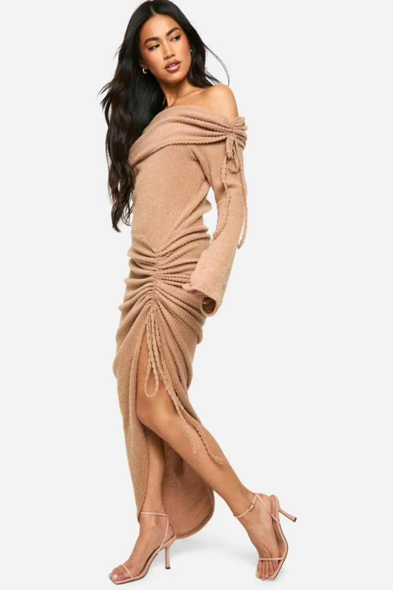 Maxi Dresses*boohoo Off Shoulder Rib Ruched Maxi Dress mocha