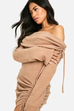 Maxi Dresses*boohoo Off Shoulder Rib Ruched Maxi Dress mocha
