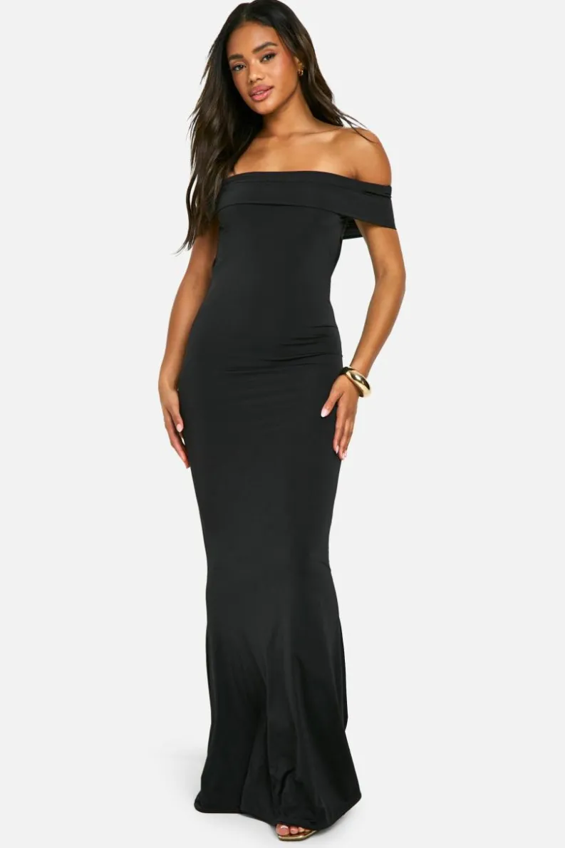 Bodycon Dresses*boohoo Off Shoulder Ruched Back Slinky Maxi Dress black