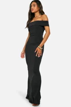Bodycon Dresses*boohoo Off Shoulder Ruched Back Slinky Maxi Dress black