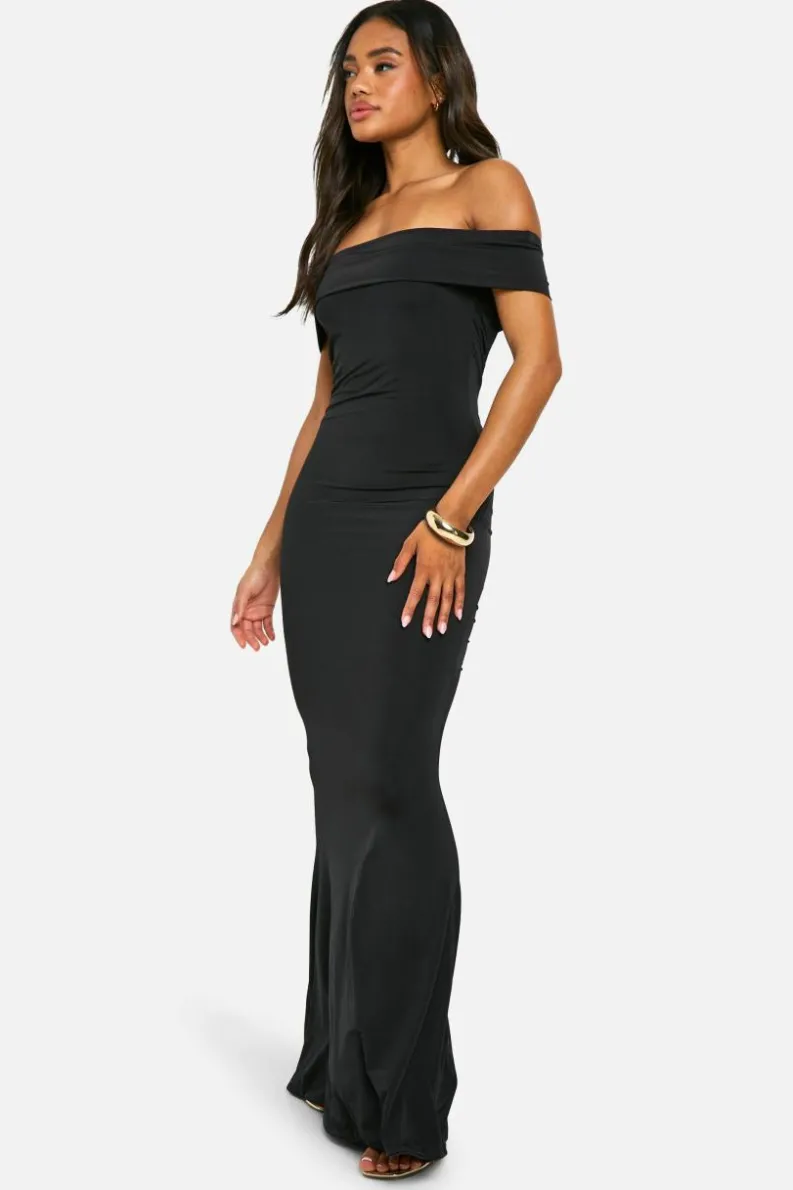 Bodycon Dresses*boohoo Off Shoulder Ruched Back Slinky Maxi Dress black