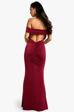 Bodycon Dresses*boohoo Off Shoulder Ruched Back Slinky Maxi Dress plum