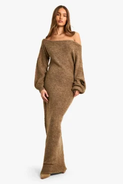 Maxi Dresses|Jumper Dresses*boohoo Off The Shoulder Borg Knitted Maxi Dress camel