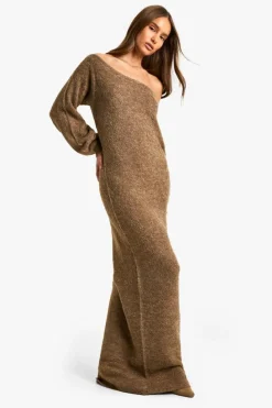 Maxi Dresses|Jumper Dresses*boohoo Off The Shoulder Borg Knitted Maxi Dress camel
