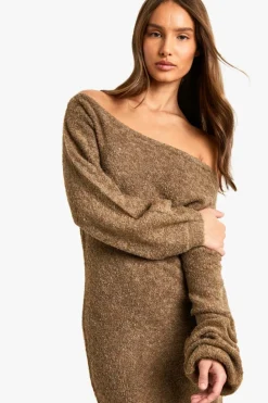 Maxi Dresses|Jumper Dresses*boohoo Off The Shoulder Borg Knitted Maxi Dress camel