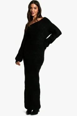 Jumper Dresses|Jumper Dresses*boohoo Off The Shoulder Borg Knitted Maxi Dress black