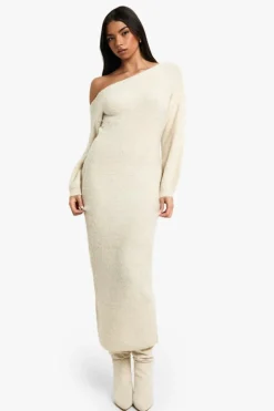 Maxi Dresses|Jumper Dresses*boohoo Off The Shoulder Borg Knitted Maxi Dress cream