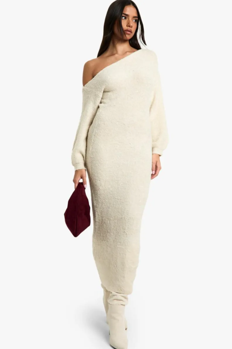 Maxi Dresses|Jumper Dresses*boohoo Off The Shoulder Borg Knitted Maxi Dress cream
